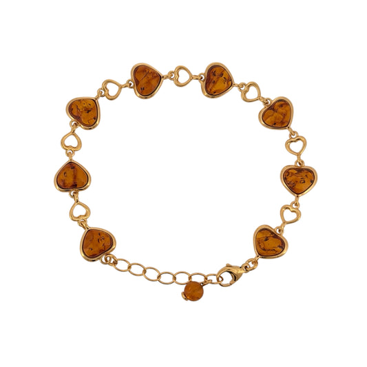 New 925 Silver Gold Plated &amp; Amber Heart 7.5" - 9" Adjustable Bracelet and the stones are each 10mm by 8mm