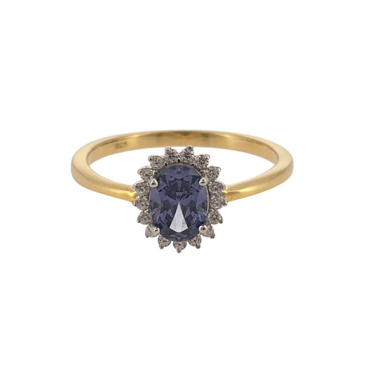 New 925 Silver Gold Plated Purple tanzanite coloured Stone &amp; Cubic Zirconia Cluster Ring and the center stone is 7mm by 5mm