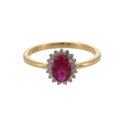 New 925 Silver Gold Plated Pink/Red ruby coloured Stone &amp; Cubic Zirconia Cluster Ring and the center stone is 7mm by 5mm