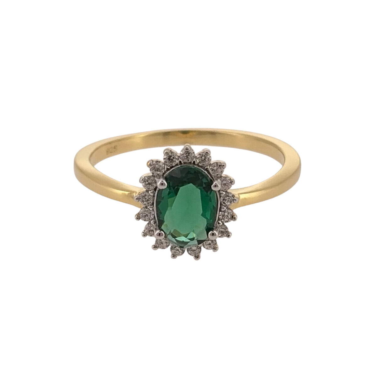 New 925 Silver Gold Plated Green emerald coloured Stone &amp; Cubic Zirconia Cluster Ring and the center stone is 7mm by 5mm