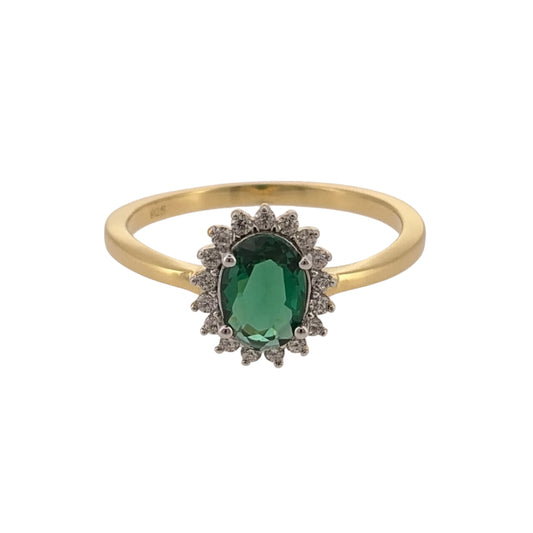 New 925 Silver Gold Plated Green emerald coloured Stone &amp; Cubic Zirconia Cluster Ring and the center stone is 7mm by 5mm