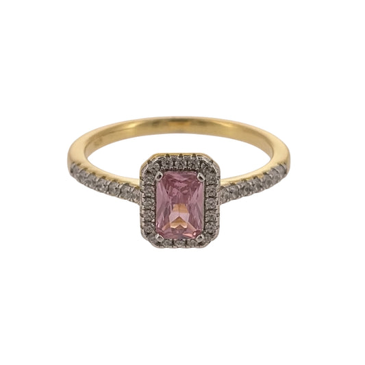 New 925 Silver Gold Plated Pink coloured Stone &amp; Cubic Zirconia rectangle Halo Cluster Ring and the center stone is 6mm by 4mm