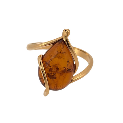 925 Silver Gold Plated & Amber Teardrop Ring