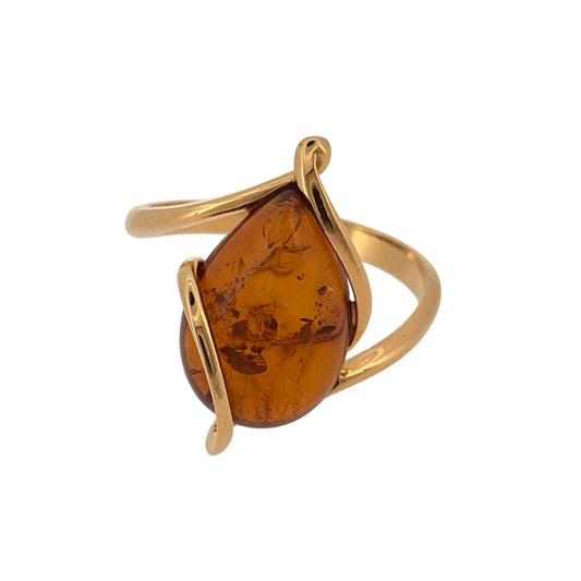 925 Silver Gold Plated & Amber Teardrop Ring