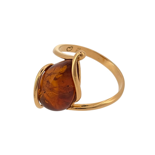 New 925 Silver Gold Plated &amp; Amber Teardrop Ring and the teardrop stone is 15mm by 10mm