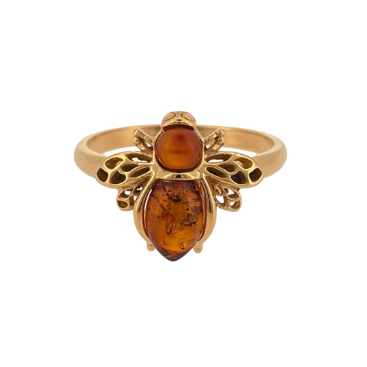 925 Silver Gold Plated & Amber Bee Ring