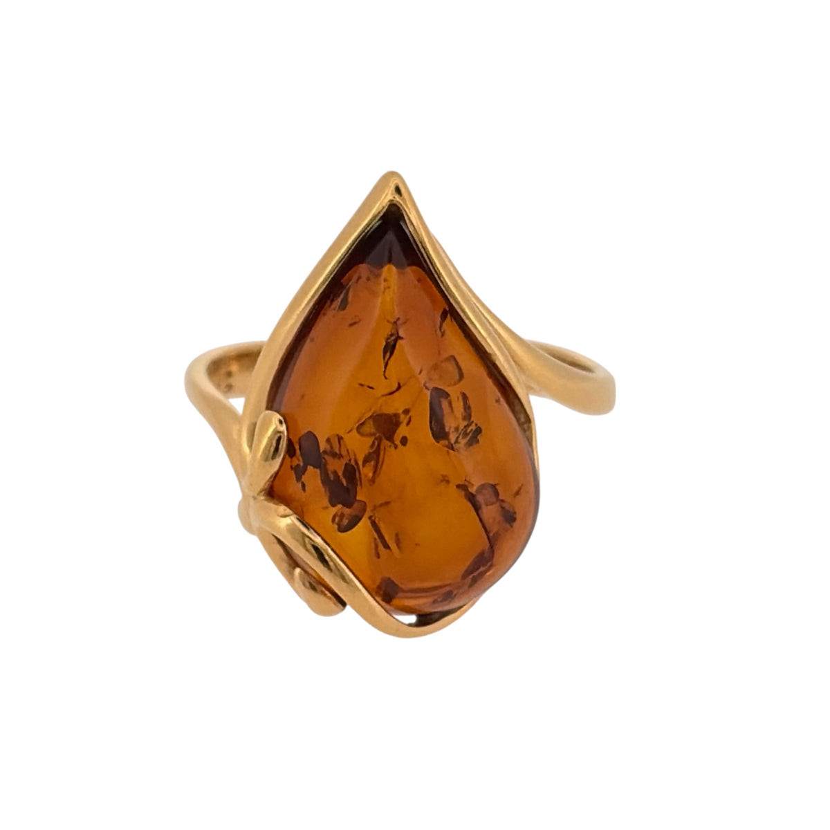 925 Silver Gold Plated & Amber Teardrop Ring