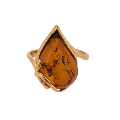 925 Silver Gold Plated & Amber Teardrop Ring