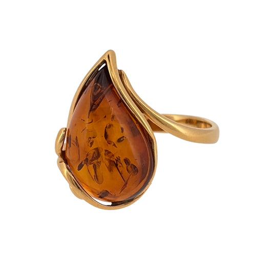 New 925 Silver Gold Plated &amp; Amber Teardrop Ring and the stone is 17mm by 12mm