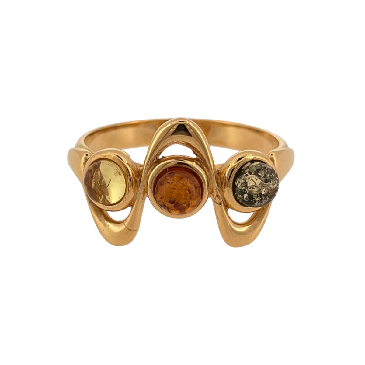 925 Silver Gold Plated & Amber Swirl Band Ring