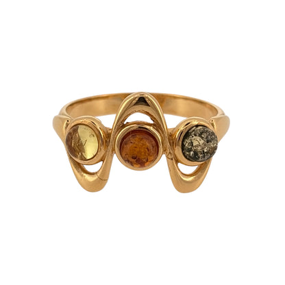 925 Silver Gold Plated & Amber Swirl Band Ring