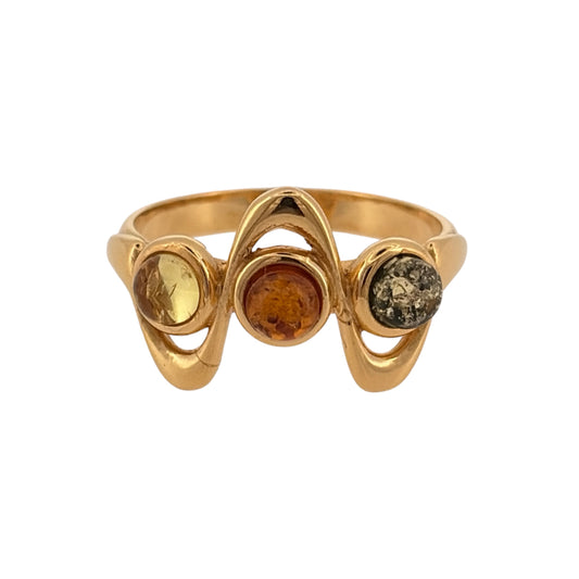925 Silver Gold Plated & Amber Swirl Band Ring