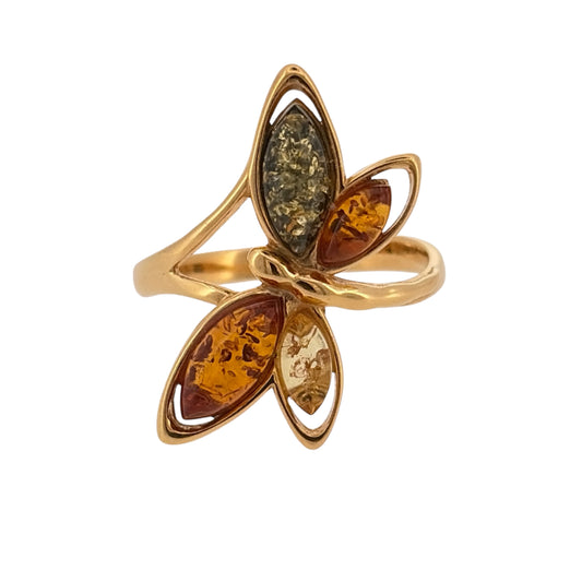 925 Silver Gold Plated & Amber Dragonfly/Butterfly Ring