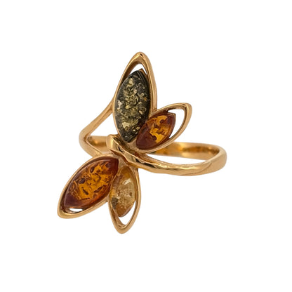 New 925 Silver Gold Plated &amp; Amber Dragonfly/Butterfly Ring and the front of the ring is 23mm high