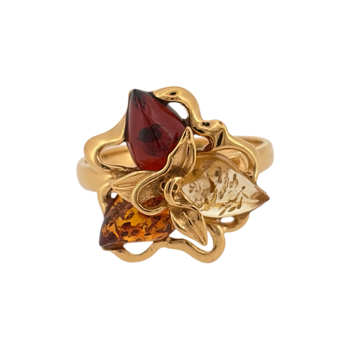925 Silver Gold Plated & Amber Flower Ring