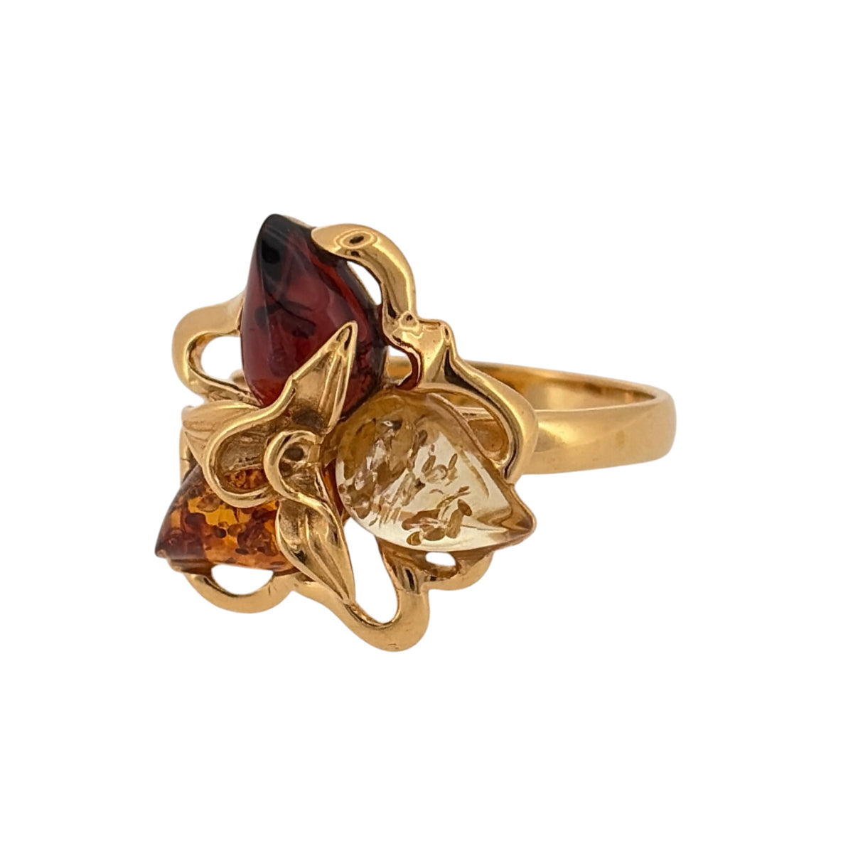 New 925 Silver Gold Plated &amp; Amber Flower Ring and the front of the ring is 16mm high
