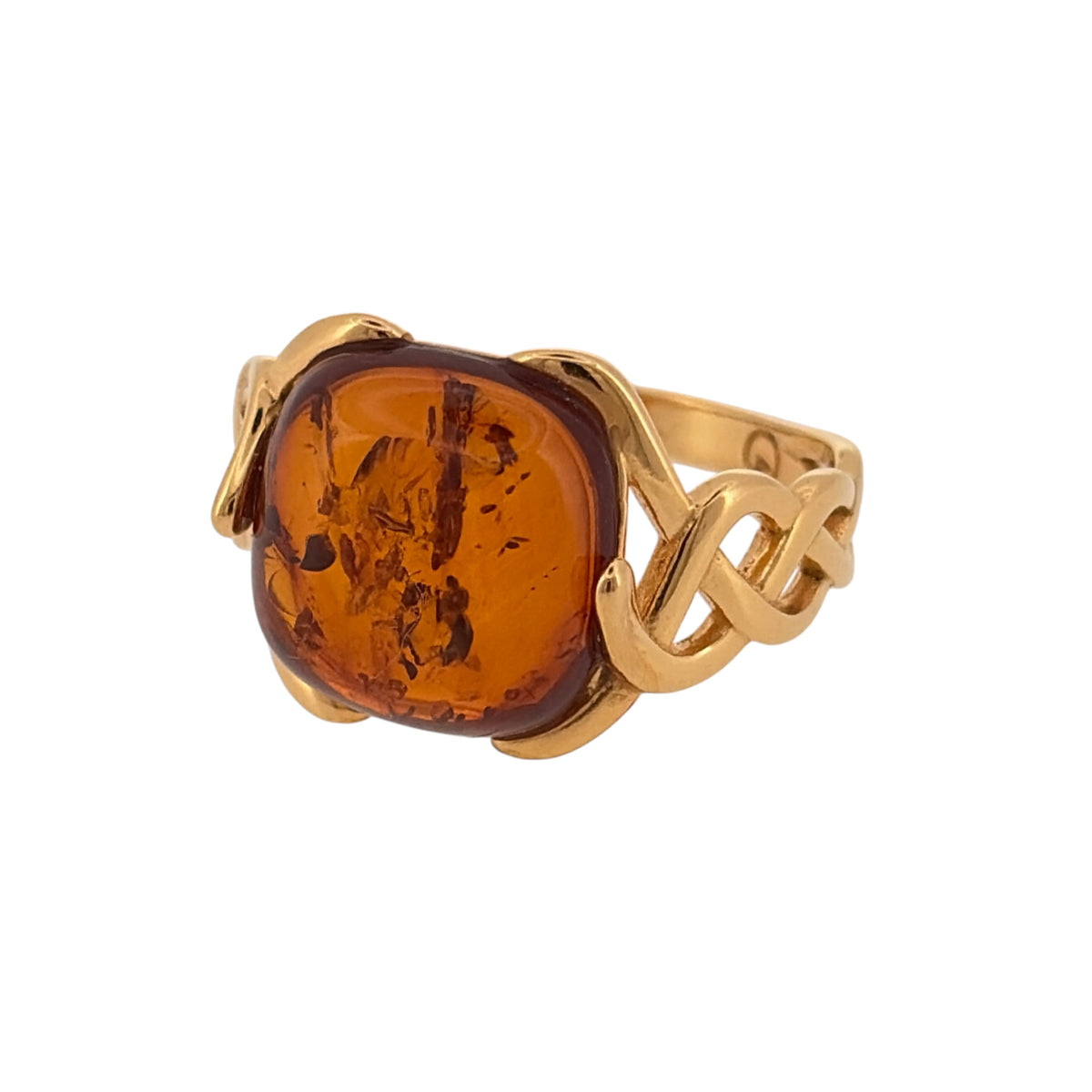 New 925 Silver Gold Plated &amp; Amber Celtic knot shoulders Ring and the stone is 12mm by 12mm