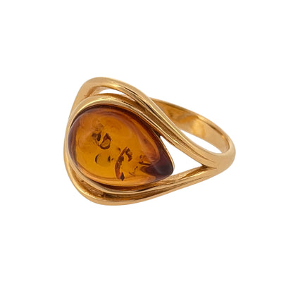New 925 Silver Gold Plated &amp; Amber Swirl Ring and the stone is 13mm by 9mm