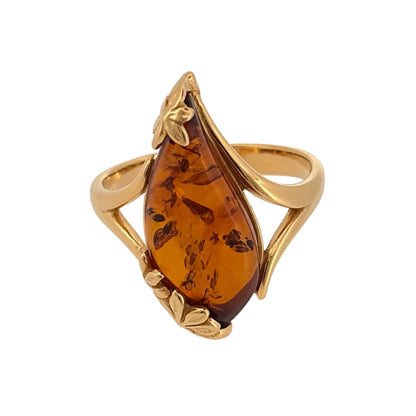 925 Silver Gold Plated & Amber Teardrop Flower Ring