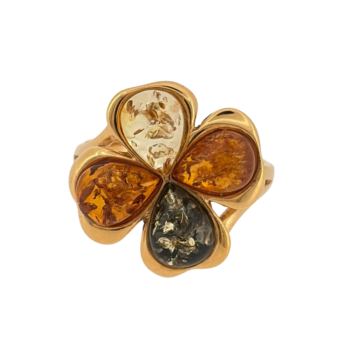 925 Silver Gold Plated & Amber Four Leaf Clover Ring
