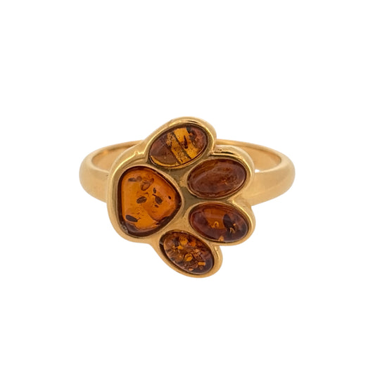 925 Silver Gold Plated & Amber Paw Print Ring