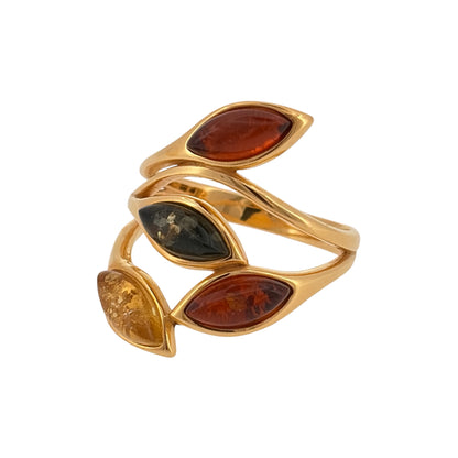 New 925 Silver Gold Plated &amp; Amber Wrap Around Ring and the front of the ring is 23mm high