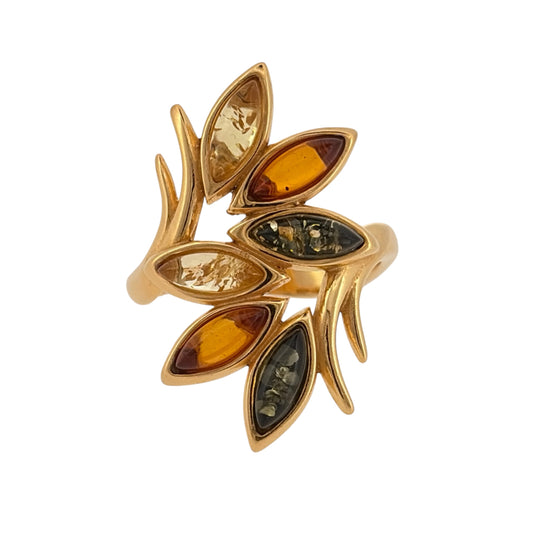 925 Silver Gold Plated & Amber Leaf Style Ring