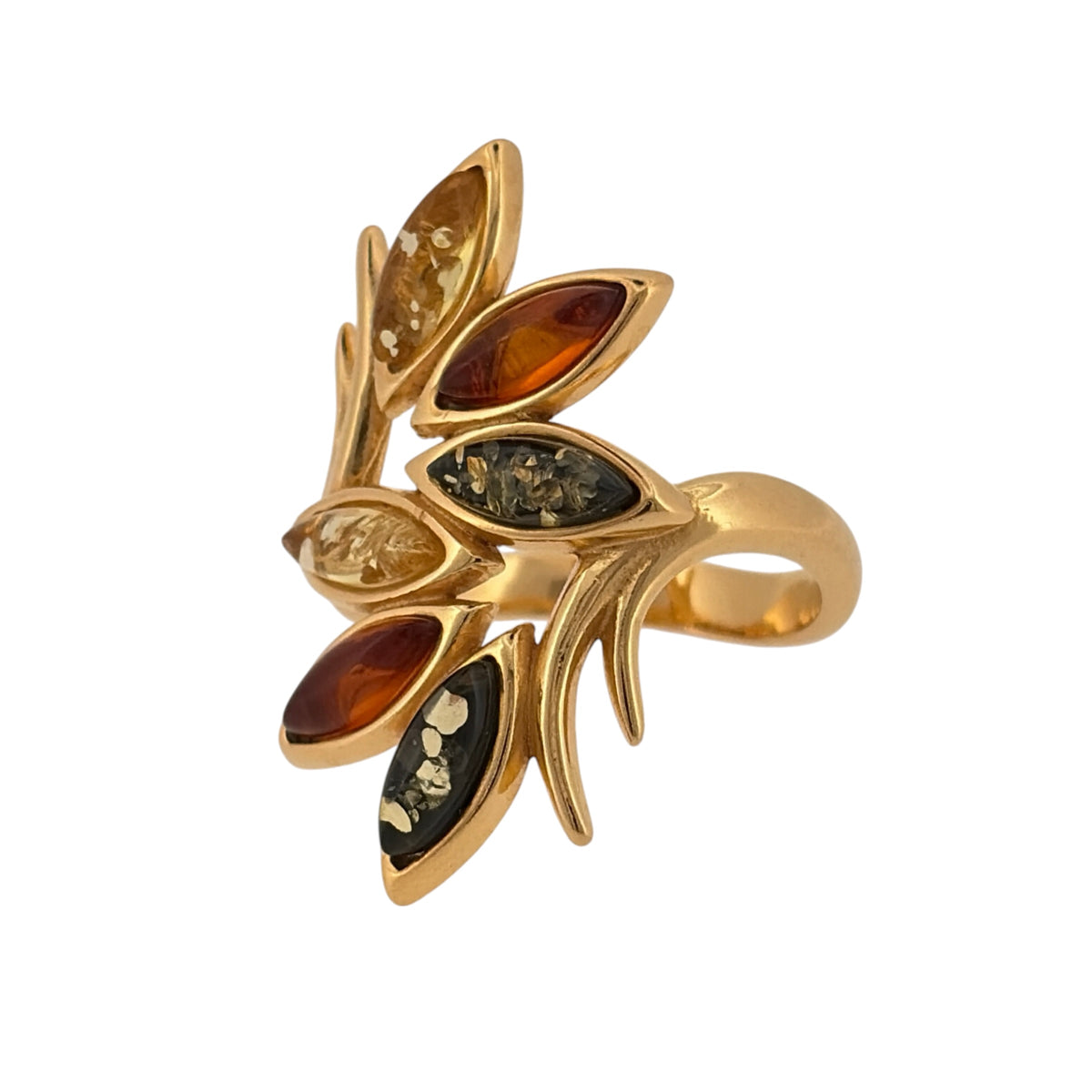 New 925 Silver Gold Plated &amp; Amber Leaf Style Ring and the front of the ring is 29mm high