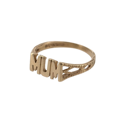 Add a sentimental touch to your jewellery collection with this pre-owned 9ct yellow gold Mum ring, featuring a meaningful design that makes a lovely gift or personal keepsake.

Design: The ring features the word 'Mum' across the front, creating a charming and meaningful appearance.
Material: Made from 9ct yellow gold, offering a classic warm gold finish.
Ring Detail: The front of the ring measures approximately 5mm high, with decorative 'Mum' lettering creating a delicate and personal design.