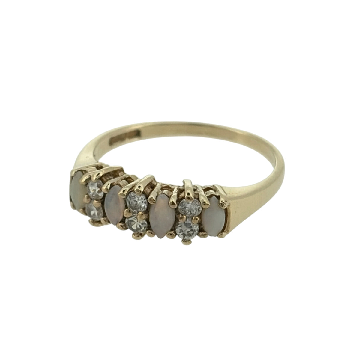 Add a delicate touch of colour to your jewellery collection with this pre-owned 9ct yellow gold opalique and cubic zirconia band ring, featuring marquise-shaped opalique stones complemented by round cubic zirconia detailing.

Design: The ring features a decorative band design, with marquise-shaped opalique stones arranged across the front and round cubic zirconia stones set between them, creating an elegant and attractive appearance.
