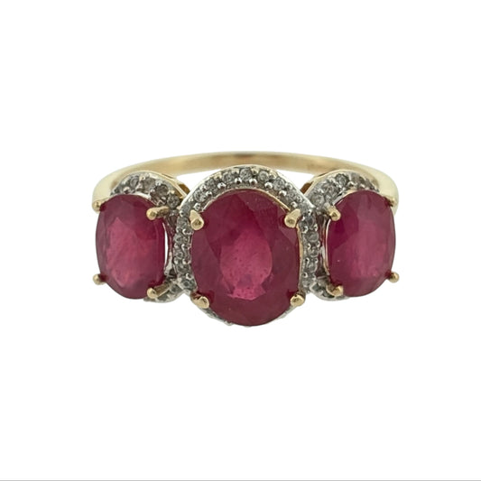 9ct Gold Ruby & Cubic Zirconia Trilogy Ring