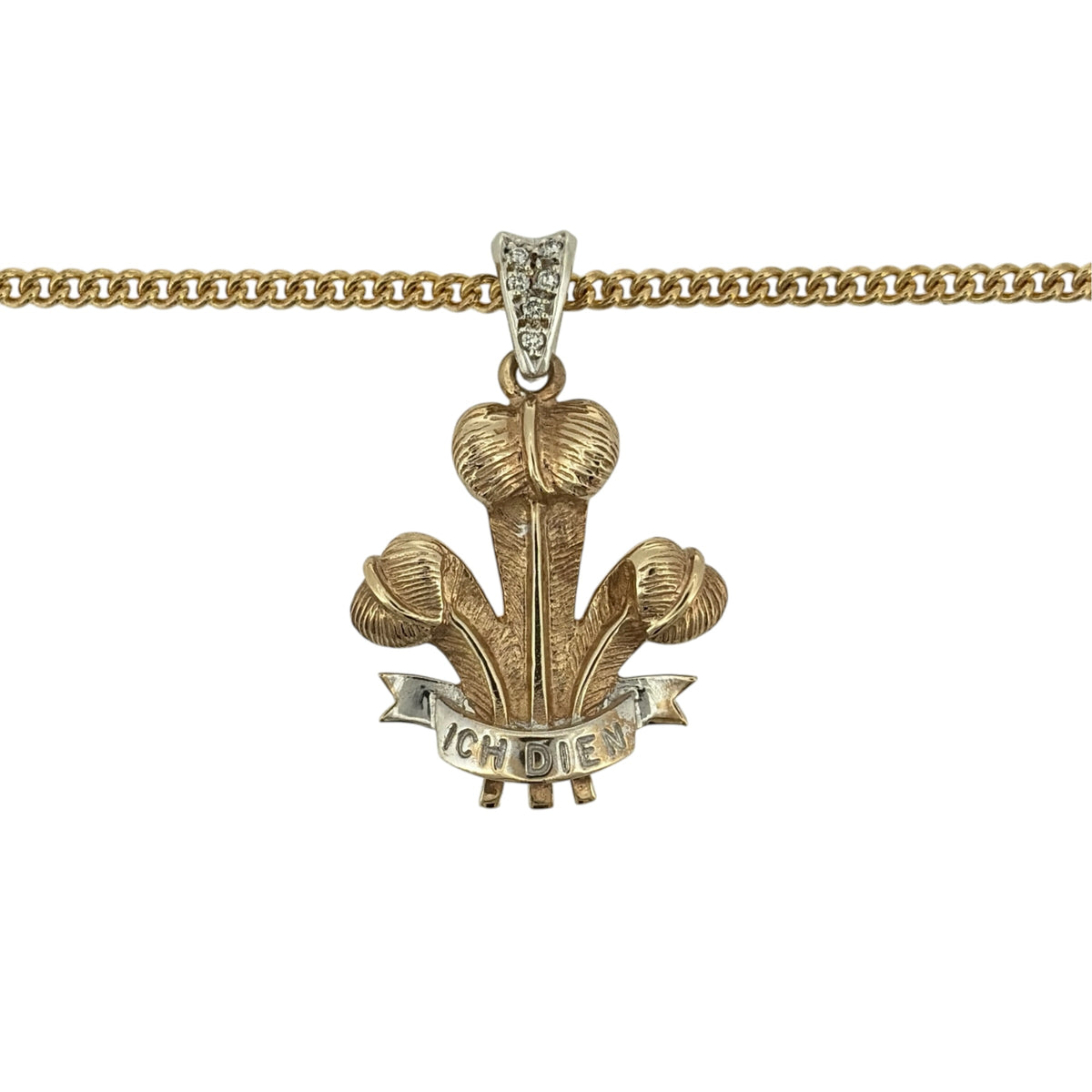 Add a meaningful touch of Welsh heritage to your jewellery collection with this pre-owned 9ct yellow and white gold diamond Three Feathers pendant necklace, featuring the traditional Welsh Three Feathers emblem complemented by elegant diamond detailing.

Design: The necklace features the iconic Welsh Three Feathers design, combining yellow and white gold with diamond detailing to create an attractive and distinctive appearance.