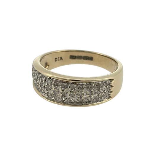 Add an elegant touch to your jewellery collection with this pre-owned 9ct yellow and white gold diamond wide band ring, featuring three rows of diamonds in a decorative two-tone gold design.

Design: The ring features a classic wide band style, with three rows of diamonds arranged across the front to create an attractive and elegant appearance.
Material: Made from 9ct yellow and white gold, offering a contrasting two-tone finish that complements the diamonds.