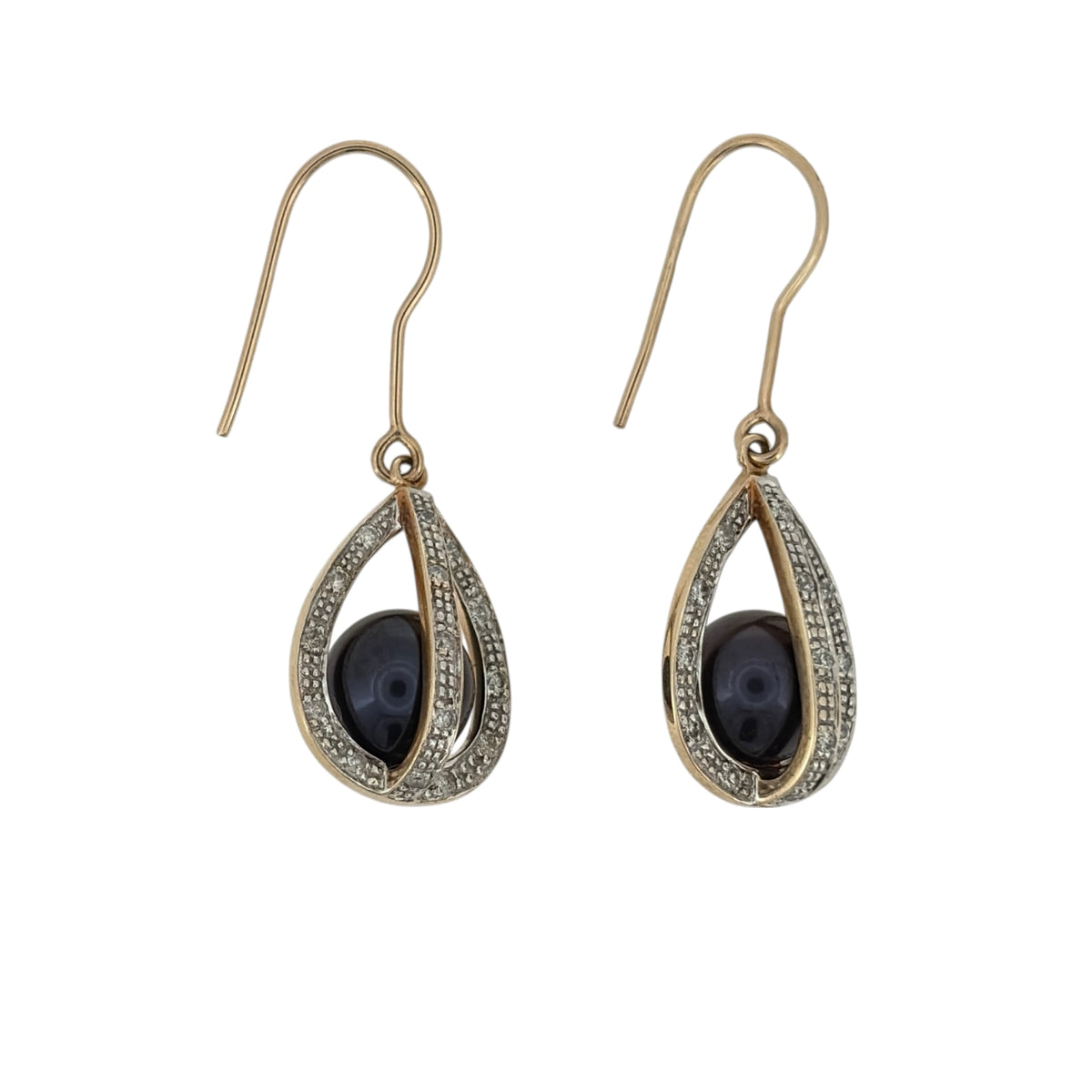 9ct Gold Diamond & Grey Pearl Drop Earrings