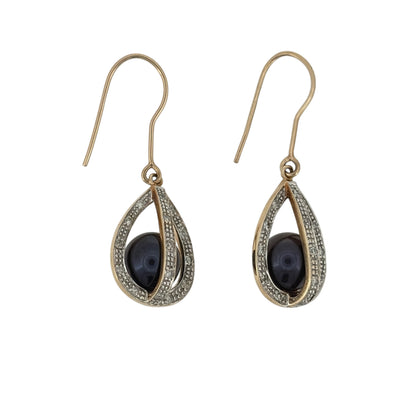 9ct Gold Diamond & Grey Pearl Drop Earrings