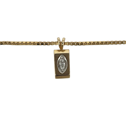 Add an elegant touch to your jewellery collection with this pre-owned 14ct yellow gold and marquise cut diamond rectangular pendant necklace, featuring a decorative diamond pendant suspended from a classic 16-inch box chain.

Design: The necklace features a stylish rectangular-shaped pendant with marquise cut diamond detailing, creating an attractive and timeless appearance.
Material: Made from 14ct yellow gold, offering a traditional warm gold finish that beautifully complements the diamonds.