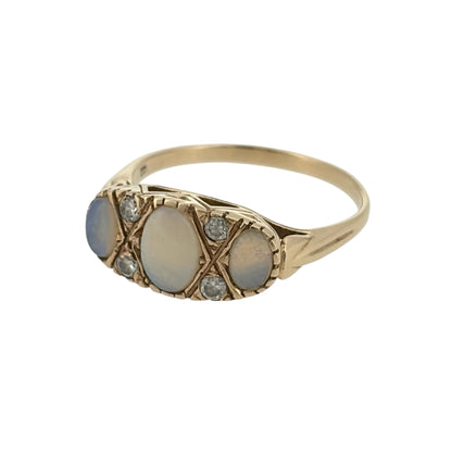 Add a vintage-inspired touch to your jewellery collection with this pre-owned 9ct yellow gold opalique and cubic zirconia trilogy band ring, featuring three beautiful opalique stones complemented by sparkling cubic zirconia detailing.

Design: The ring features an elegant vintage-style trilogy band design, combining three opalique stones with cubic zirconia accents to create a decorative and distinctive appearance.