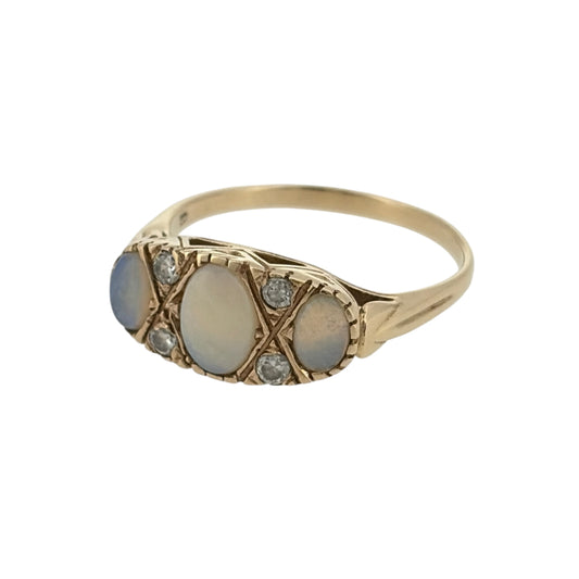 Add a vintage-inspired touch to your jewellery collection with this pre-owned 9ct yellow gold opalique and cubic zirconia trilogy band ring, featuring three beautiful opalique stones complemented by sparkling cubic zirconia detailing.

Design: The ring features an elegant vintage-style trilogy band design, combining three opalique stones with cubic zirconia accents to create a decorative and distinctive appearance.