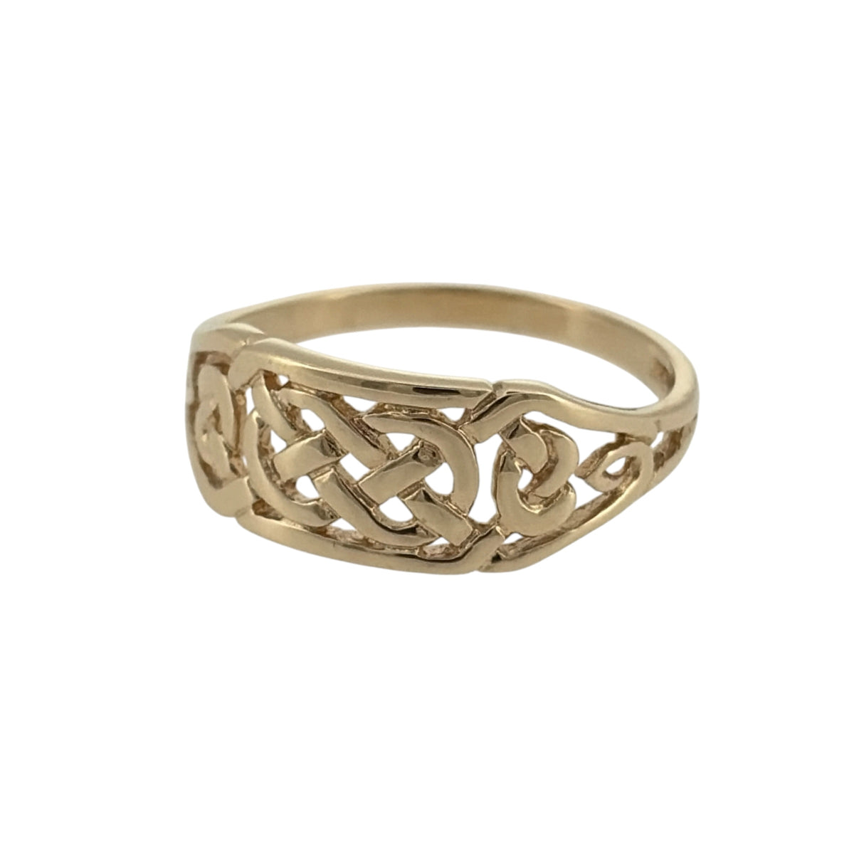 Add a traditional touch to your jewellery collection with this pre-owned 9ct yellow gold open Celtic knot band ring, featuring an intricate knot-inspired design in a classic gold finish.

Design: The ring features a beautiful open Celtic knot design, creating a decorative and meaningful appearance inspired by traditional Celtic jewellery.
Material: Made from 9ct yellow gold, offering a classic warm gold finish that complements the intricate knot detailing.