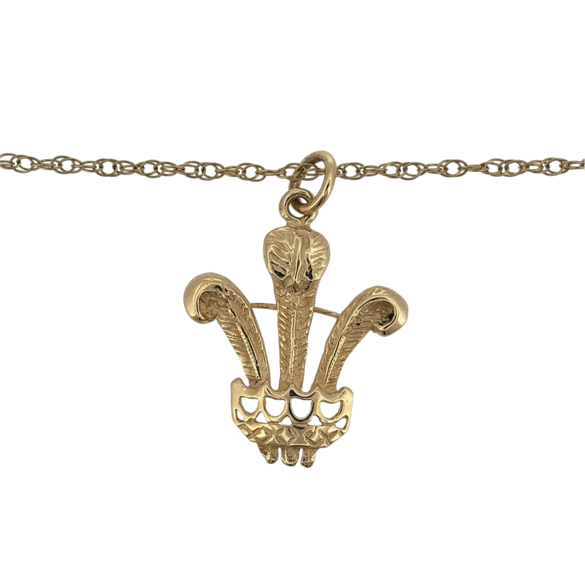 Add a traditional touch to your jewellery collection with this pre-owned 9ct yellow gold Three Feathers pendant necklace, featuring a distinctive Welsh-inspired design suspended from a classic 20-inch Prince of Wales chain.

Design: The necklace features a decorative Three Feathers pendant, inspired by the traditional Prince of Wales feathers motif, creating an elegant and meaningful appearance.