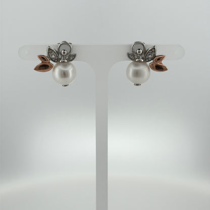 925 Silver Pearl & White Topaz Clogau Fan Style Stud Earrings