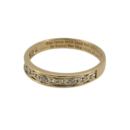 Add a meaningful touch to your jewellery collection with this pre-owned 9ct yellow gold and three diamond open Celtic patterned band ring, featuring traditional Celtic-inspired detailing and a sentimental inscription inside the band.

Design: The ring features an elegant open Celtic patterned design, combining intricate knot-inspired detailing with three diamonds to create a distinctive and timeless appearance.