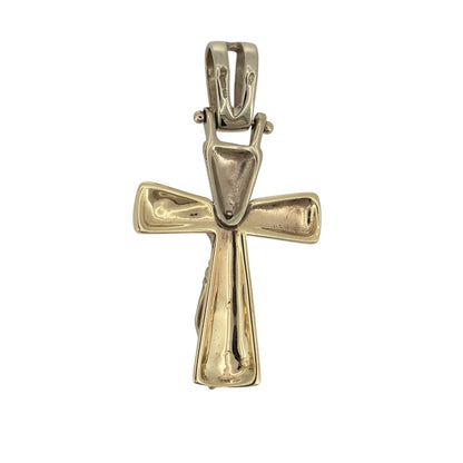 Add a meaningful touch to your jewellery collection with this pre-owned 9ct yellow and white gold crucifix pendant, featuring a traditional religious design in an elegant two-tone gold finish.

Design: The pendant features a classic crucifix design, combining contrasting yellow and white gold tones to create a distinctive and meaningful appearance.
Material: Made from 9ct yellow and white gold, offering a beautiful two-tone finish that complements the traditional religious design.