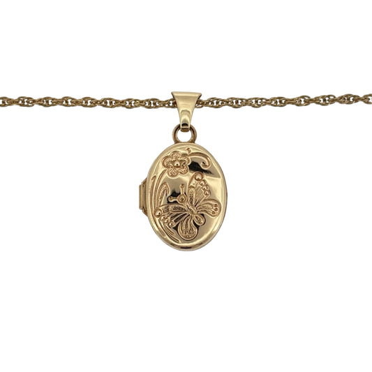 Add a charming touch to your jewellery collection with this pre-owned 9ct yellow gold butterfly oval locket necklace, featuring a delicate butterfly design suspended from a classic 16-inch Prince of Wales chain.

Design: The necklace features a traditional oval locket with decorative butterfly detailing, creating an elegant and nature-inspired appearance.
Material: Made from 9ct yellow gold, offering a classic warm gold finish that beautifully complements the delicate butterfly design.
