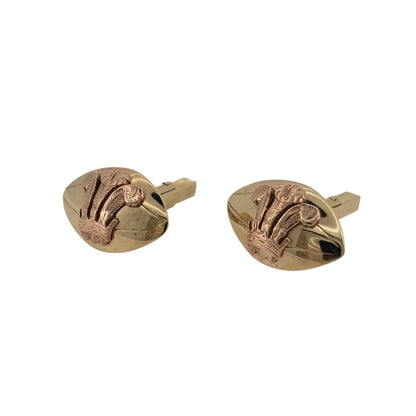 Add a distinctive Welsh touch to your jewellery collection with these pre-owned 9ct yellow and rose gold Three Feathers rugby ball-shaped cufflinks, featuring a traditional Welsh-inspired design in an elegant two-tone gold finish.

Design: The cufflinks feature a rugby ball-shaped design incorporating the traditional Three Feathers motif, combining Welsh rugby heritage with classic jewellery styling.