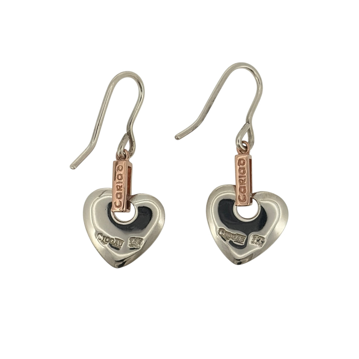 Add a meaningful touch to your jewellery collection with these pre-owned 925 sterling silver and 9ct rose gold Cariad heart drop earrings, featuring a romantic Welsh-inspired design in an elegant two-tone finish.

Design: The earrings feature a beautiful heart-shaped drop design incorporating the Welsh word 'Cariad', meaning love, creating a sentimental and distinctive appearance.