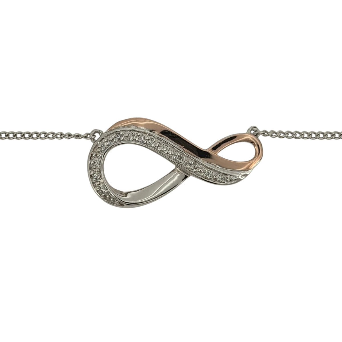 Add a meaningful touch to your jewellery collection with this pre-owned 925 sterling silver, 9ct rose gold and white topaz Clogau Infinity necklace, featuring an elegant infinity design in a beautiful two-tone finish.

Design: The necklace features the classic infinity symbol, representing everlasting love and connection, with contrasting silver and rose gold detailing for a sentimental and timeless appearance.