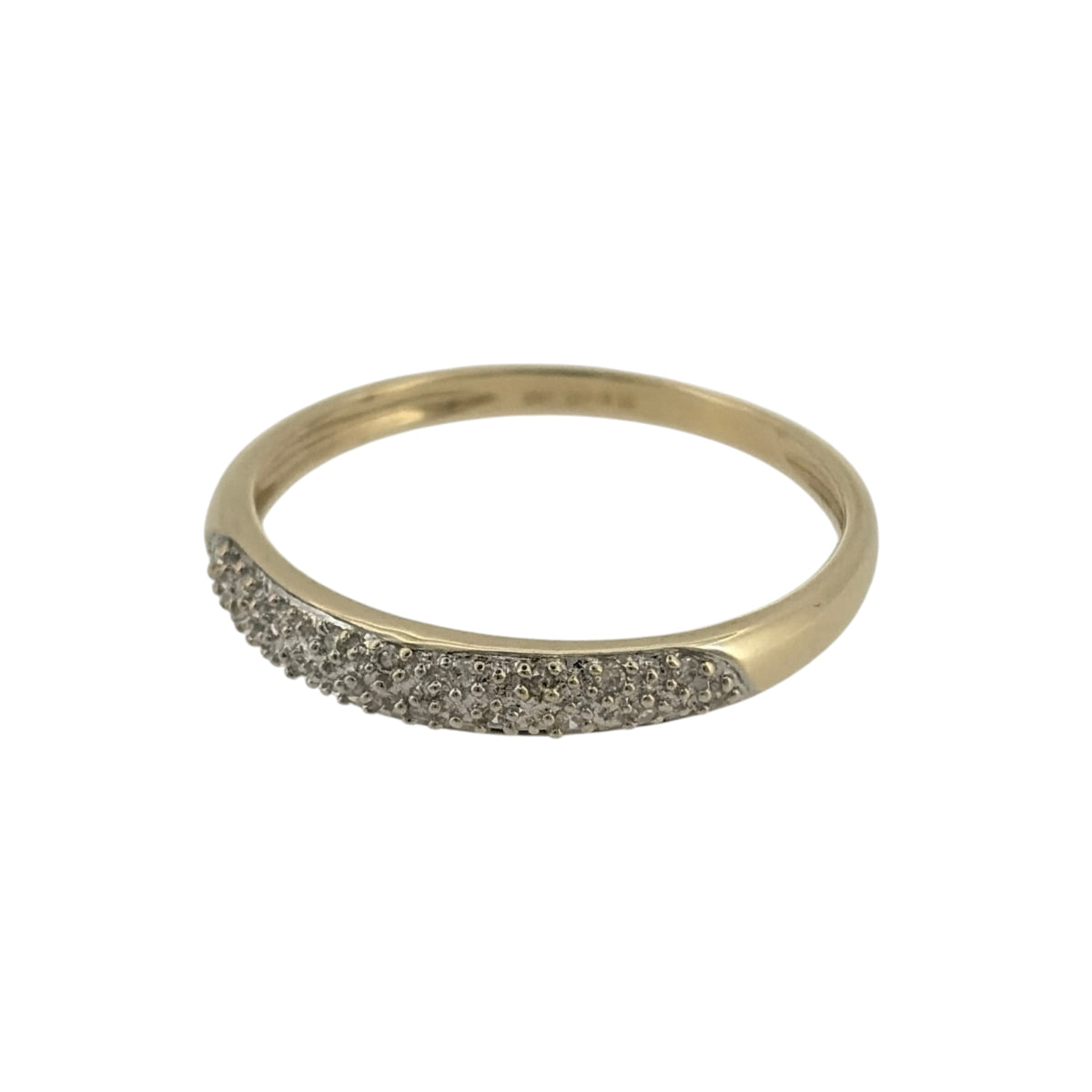 Add an elegant touch to your jewellery collection with this pre-owned 9ct yellow gold and diamond band ring, featuring two rows of small diamonds set across the front of the band for a classic and decorative appearance.

Design: The ring features a beautiful double-row diamond design, combining delicate diamond detailing with a traditional yellow gold band for an elegant and timeless finish.