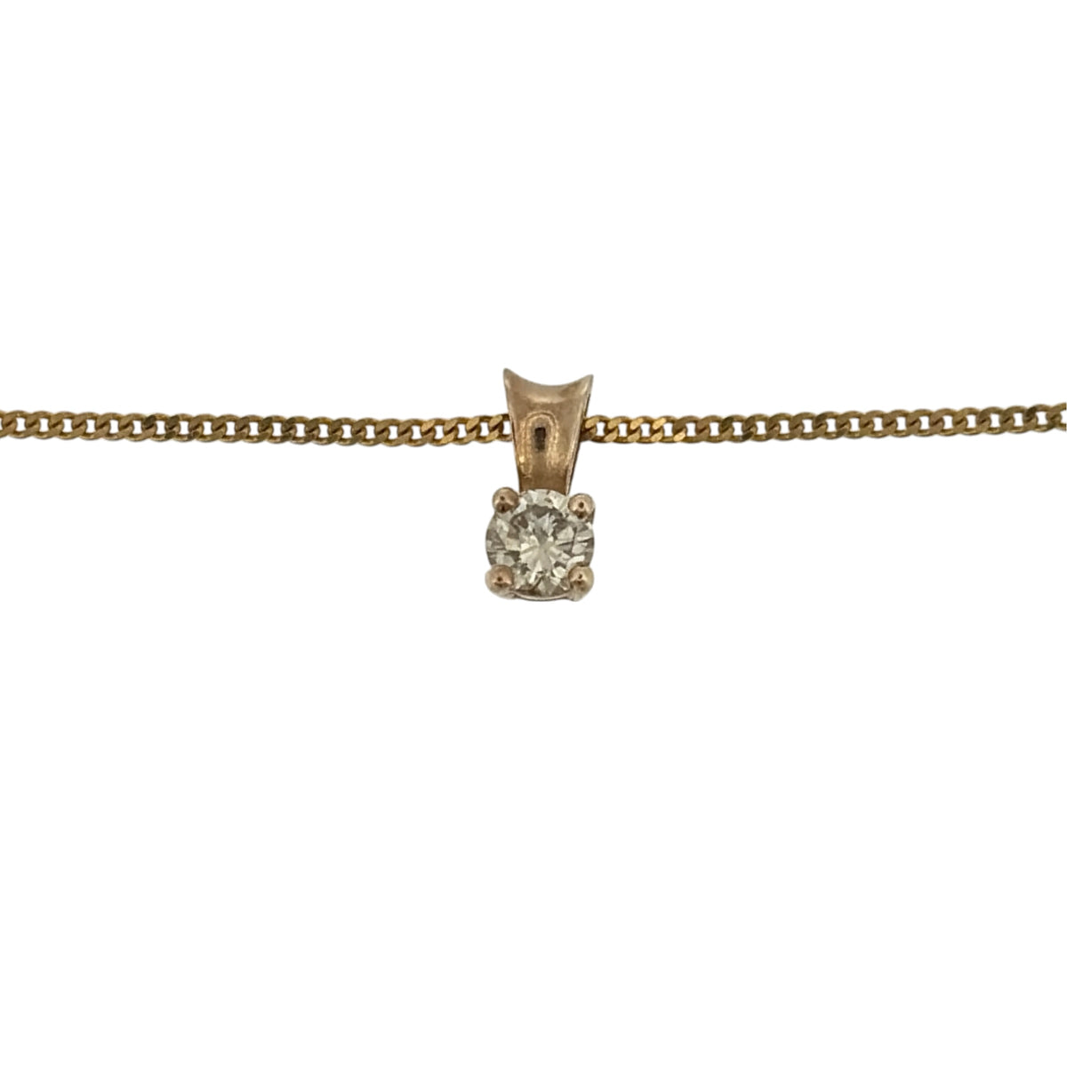 Add a timeless touch to your jewellery collection with this pre-owned 9ct yellow gold and diamond solitaire pendant necklace, featuring a beautiful brilliant cut diamond suspended from a delicate fine curb chain.

Design: The necklace features a classic solitaire pendant design, showcasing a single diamond in a simple and elegant yellow gold setting.
Material: Made from 9ct yellow gold, offering a classic warm gold finish that beautifully complements the diamond.