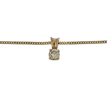 Add a timeless touch to your jewellery collection with this pre-owned 9ct yellow gold and diamond solitaire pendant necklace, featuring a beautiful brilliant cut diamond suspended from a delicate fine curb chain.

Design: The necklace features a classic solitaire pendant design, showcasing a single diamond in a simple and elegant yellow gold setting.
Material: Made from 9ct yellow gold, offering a classic warm gold finish that beautifully complements the diamond.